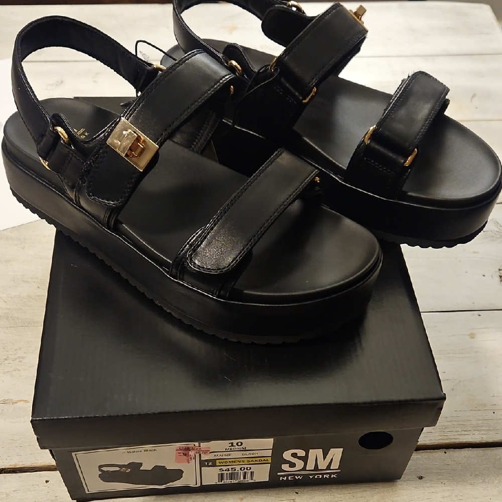 SM New York Black Platform Sandals with Gold Buckles